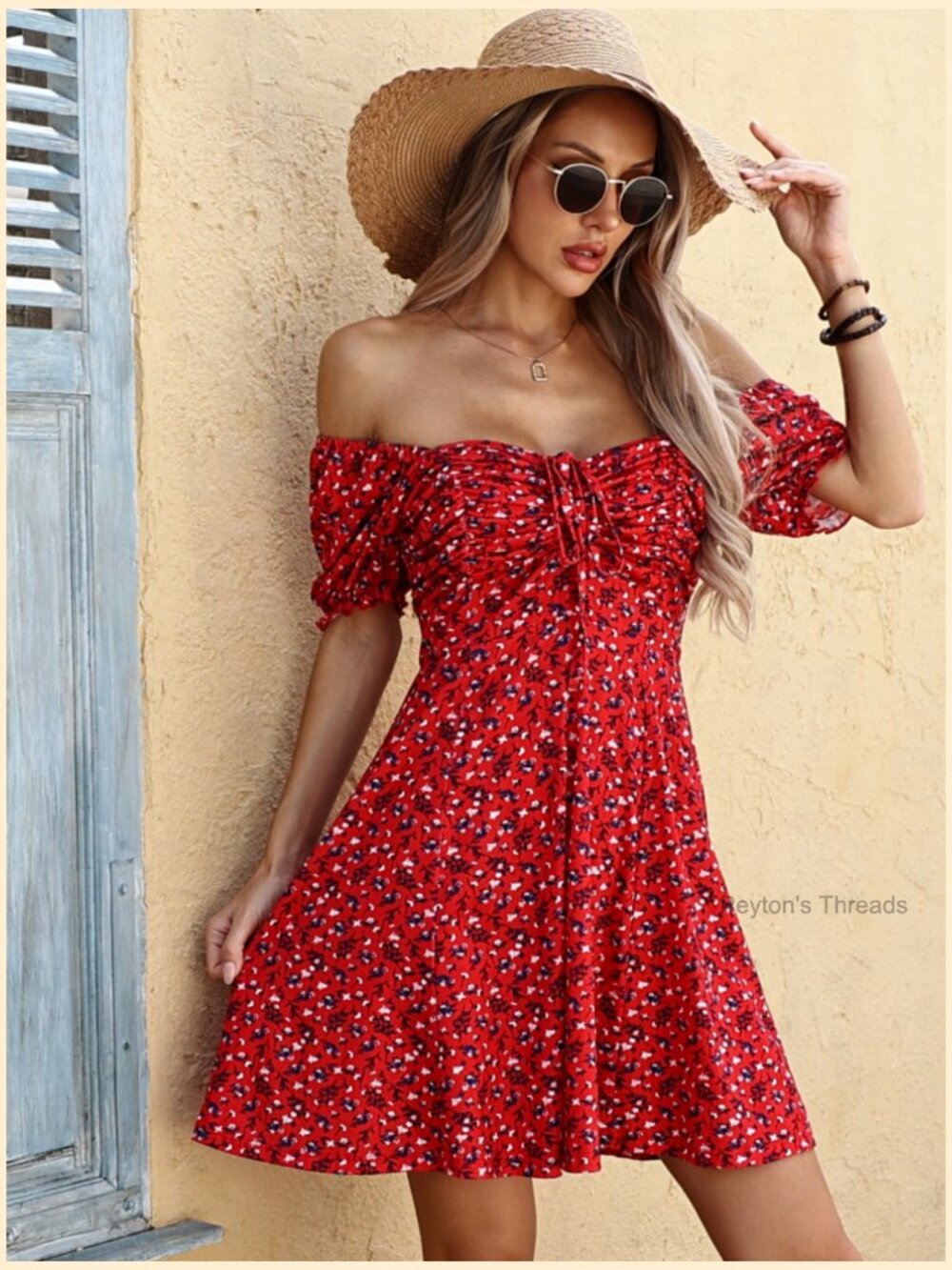 Puff Short Sleeve Fit and Flare Drawstring Floral Mini Sun Dress Summer - Picture 5 of 5